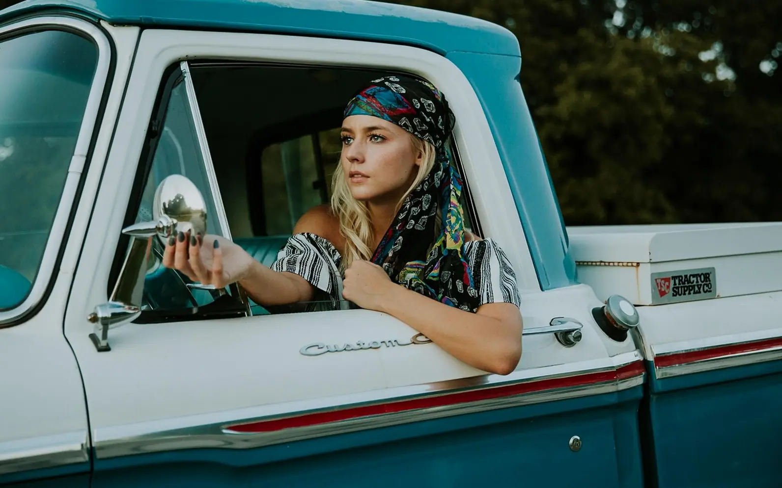 Woman, truck and vehicle