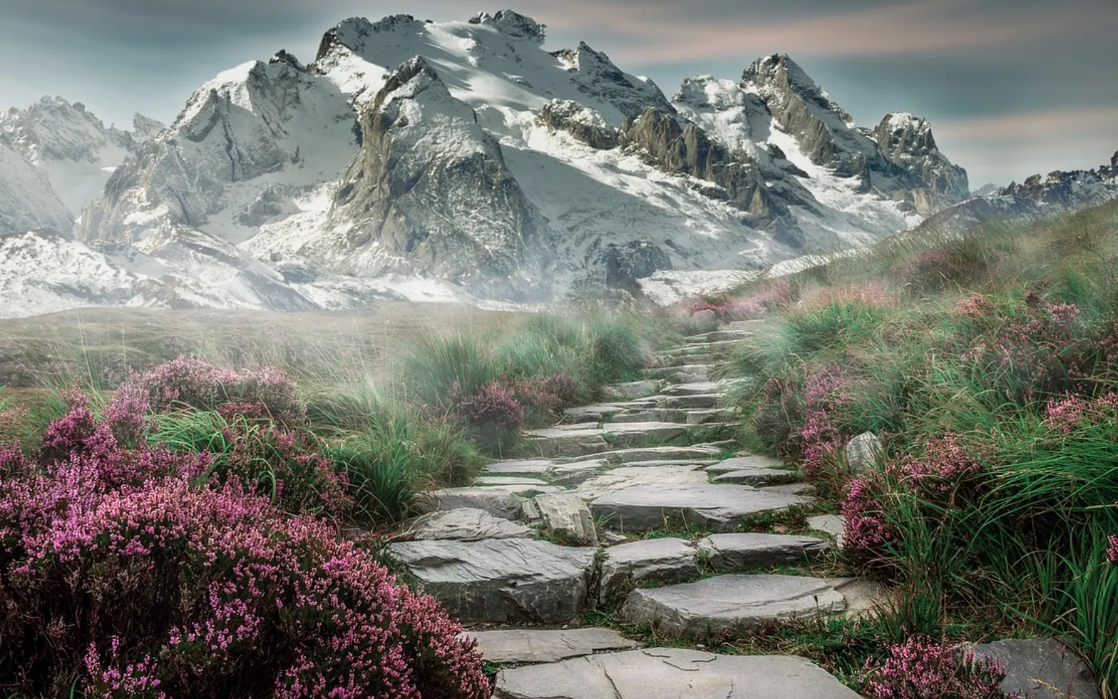 Mountain landscape, steps and stones